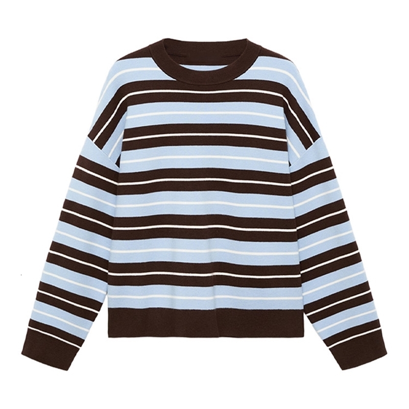Womens Striped Crew Neck Knitted Sweater O-neck Full Sleeve Blue Brown White Top 2025 Autumn Female Casual Comfortable Pullover 251104