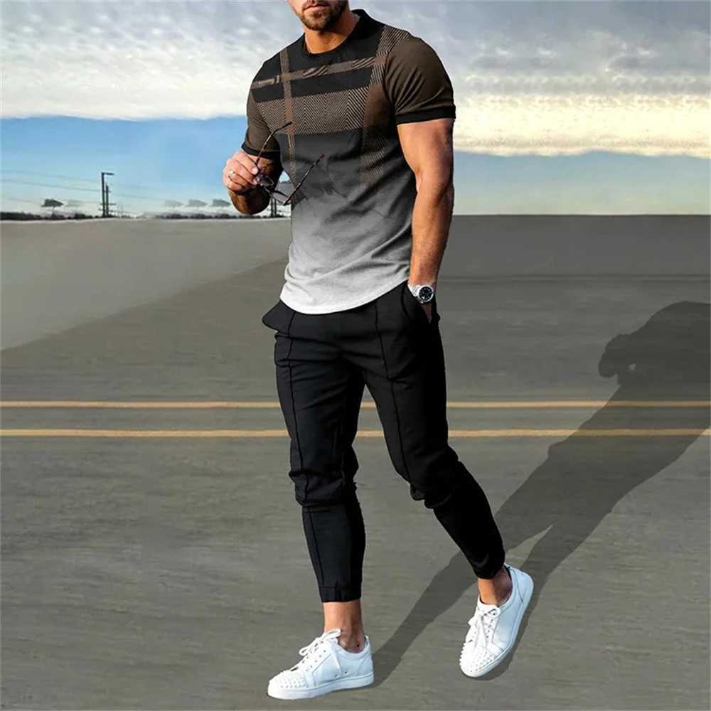 Mens sportswear set 2-piece short sleeved T-shirt+sweatpants set mens streetwear retro sportswearXJ250412