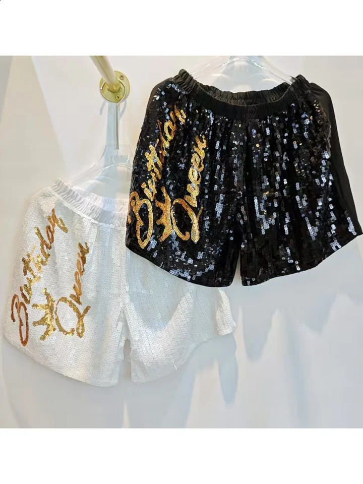 Summer Streetwear Letter Color Geometry Sequins Elastic Waist Short Pants Loose Hip Hop Night Club Womens Wear 250411