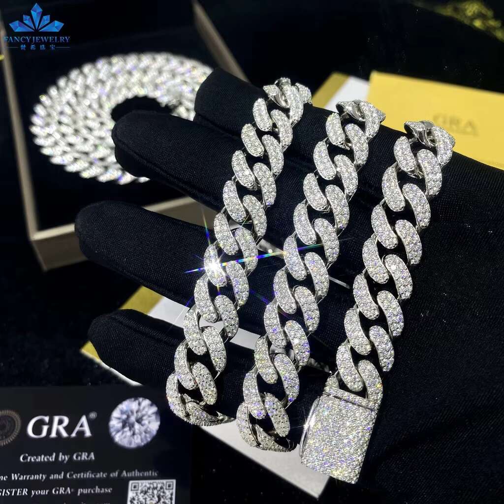 Fashion S925 Sterling Silver D Color VVS Moissanite Diamond15mm Cuban Link Chain Hip Hop Necklace
