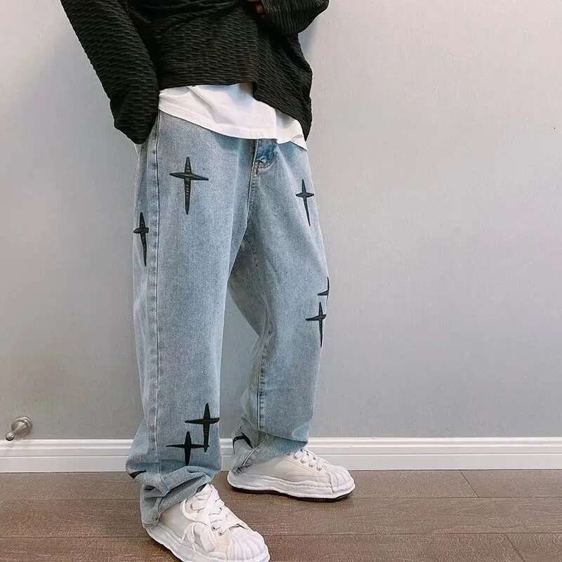 Prints Men New Streetwear Baggy Wide Leg Jeans Korean Fashion Drapes Straight Casual Loose Denim Cargo Pants