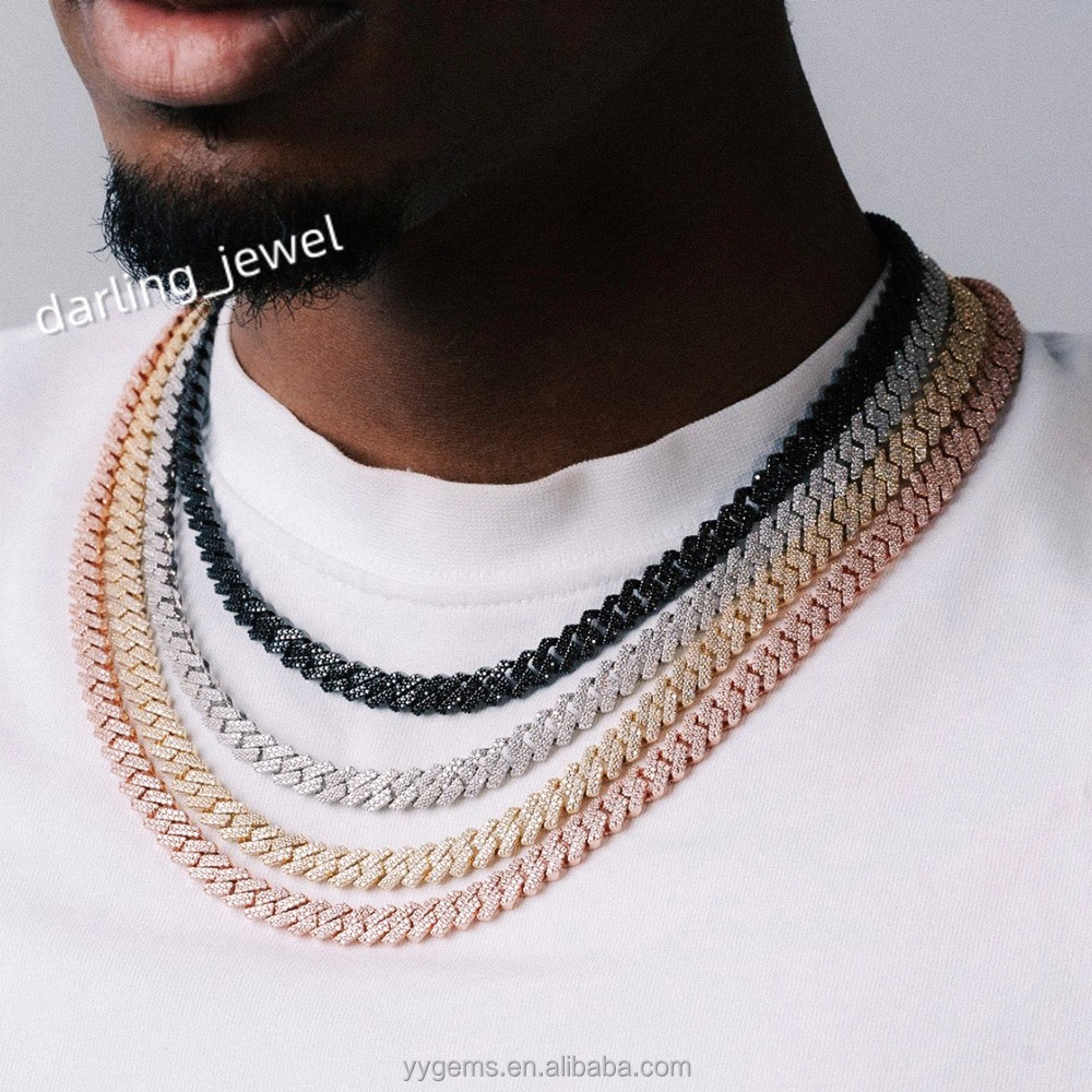 Yu Ying Pass Diamond Test 12mm Wide 2Rows Cuban Link Chain 925 Silver Hip Hop VVS Moissanite Chain Mens Jewelry
