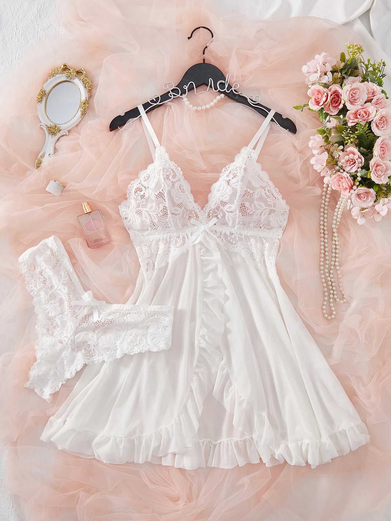 Sexy lingerie set womens erotic bra night gown sexy lace sleepwear pure thin soft dress V-neck full slip sleepwear and dress W250412