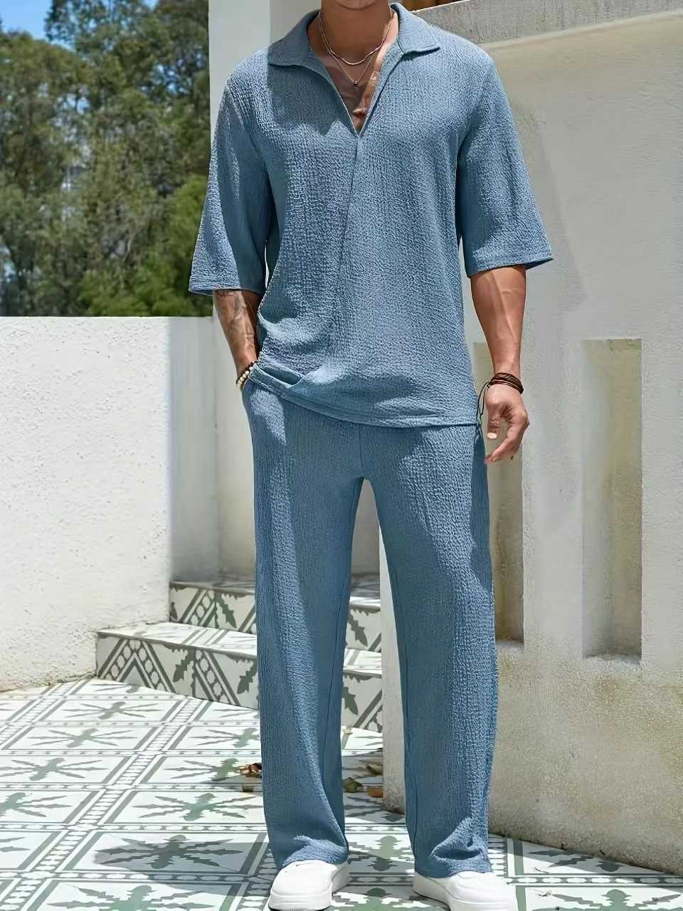 2025 European and American Mens Spring Half Sleeve Pants Solid Color V-neck DesignXJ250412