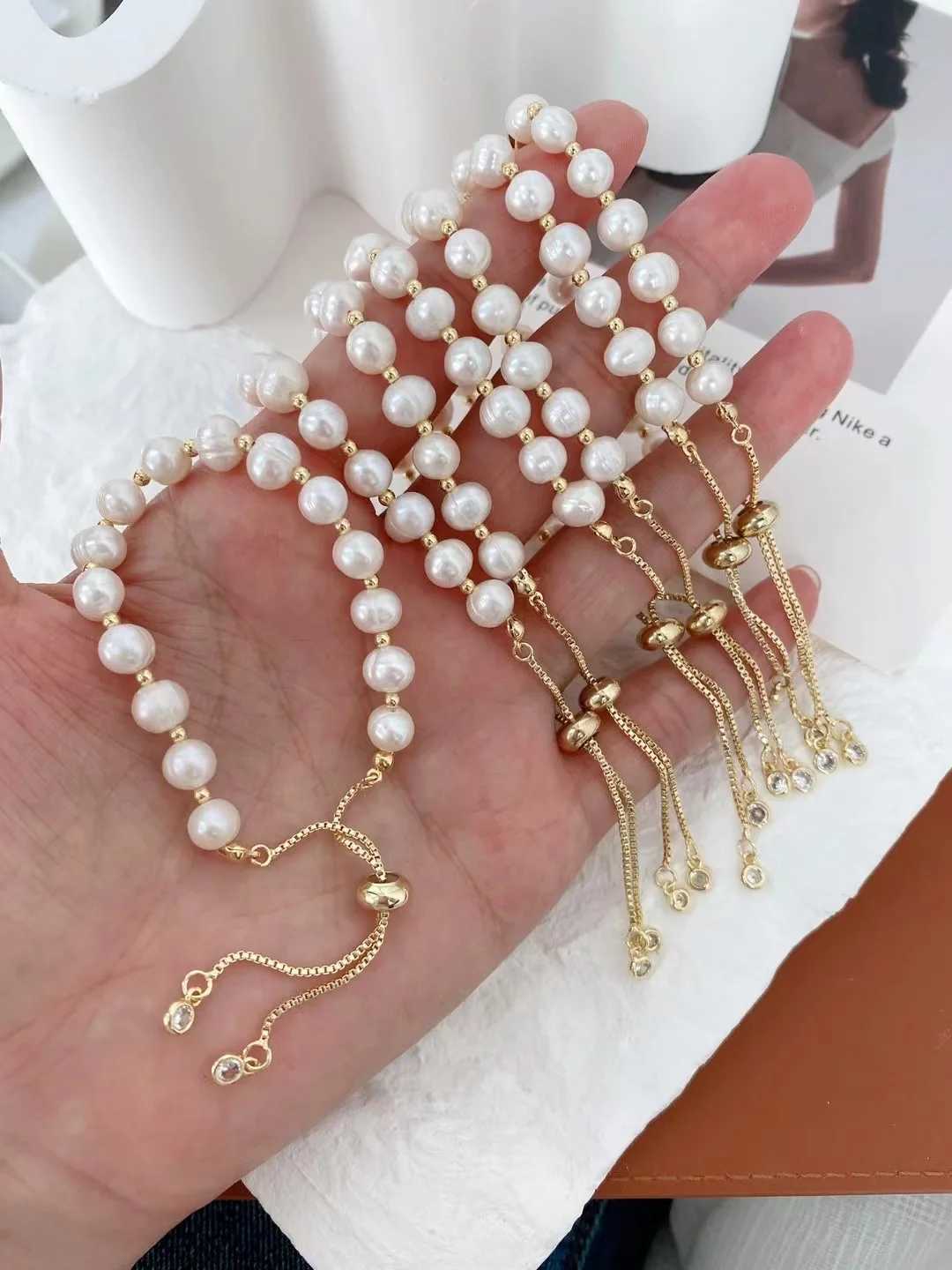 5PCS Gold Color Beads Freshwater Pearls Adjustable Chain Bracelet Bangles For Women Elegant Ladies JewelryC250411