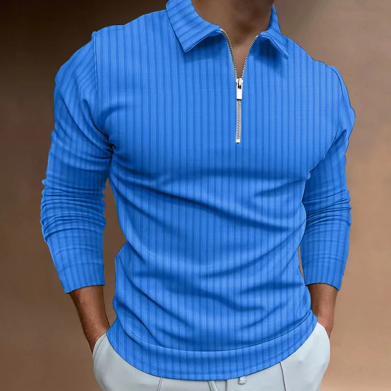 mens autumn and winter solid color lapel casual sports polo shirt with zipper long sleeves and high elasticity 250411