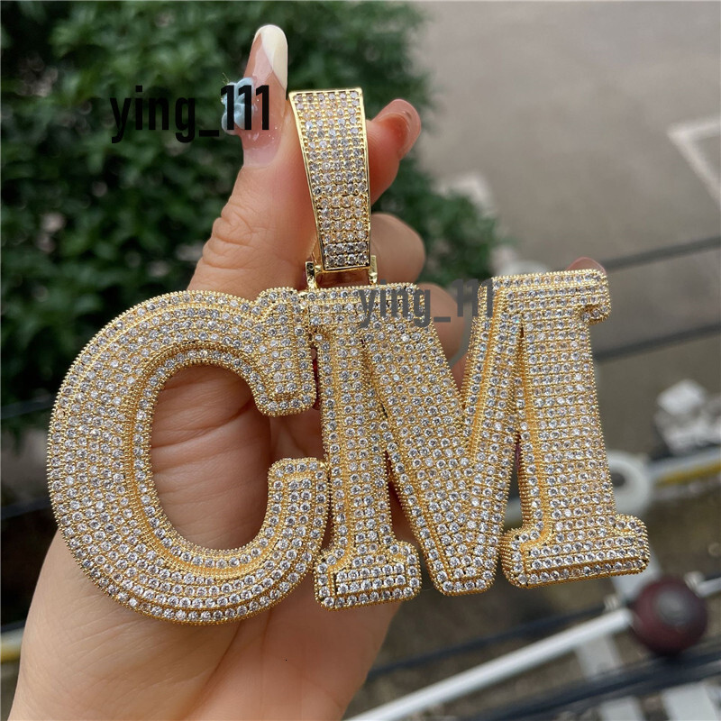Men Women Bling Jewelry Gold Plated Full moissanite Stone Custom Name Letter Number Pendant Necklace with 3mm 24inch Rope Chain