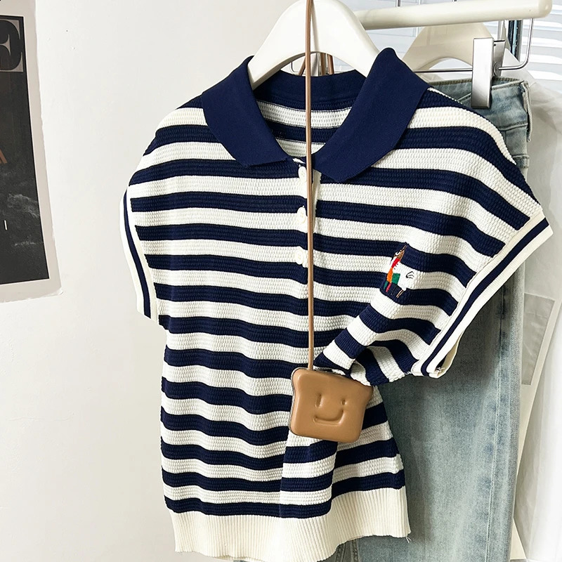 Summer womens spliced polo neck short sleeved knitted Tshirt fashionable contrasting color striped sweater loose top 250410