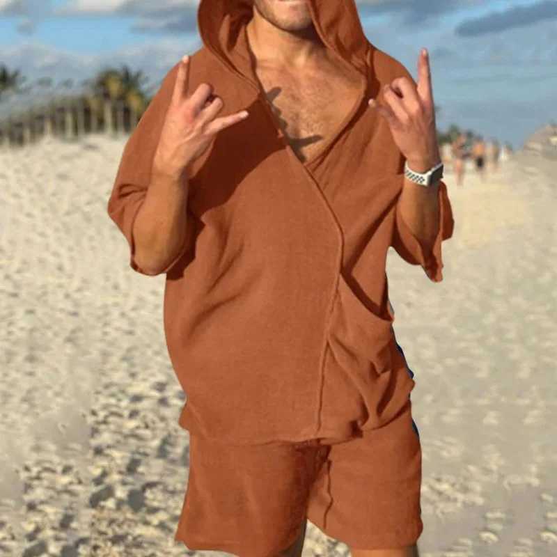 2025 European and American Mens Summer Hot V-neck Casual Short sleeved Hoodie Solid Color Beach SetXJ250412