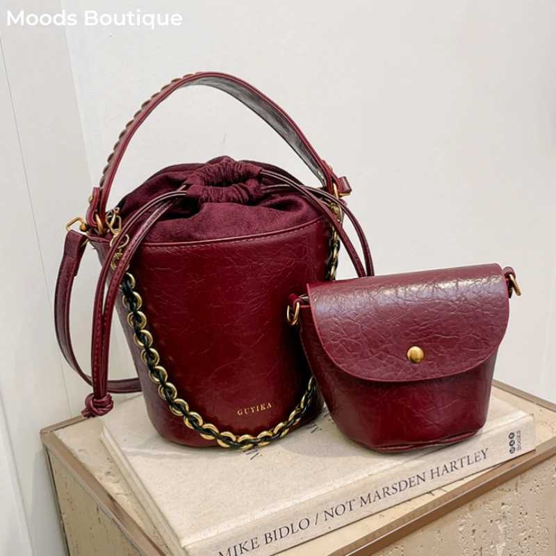MOODS bucket cross body bag womens oil waxed leather 2-in-1 chain shoulder bag 2024 luxury designer wallet and handbagXJ250412