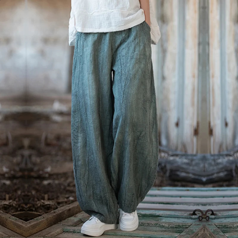 Elegant Womens Cotton Linen Baggy Cargo Pants Vintage Elastic Waist Yoga Trousers Loose Casual Long Wide Leg Oversize Clothes 250411