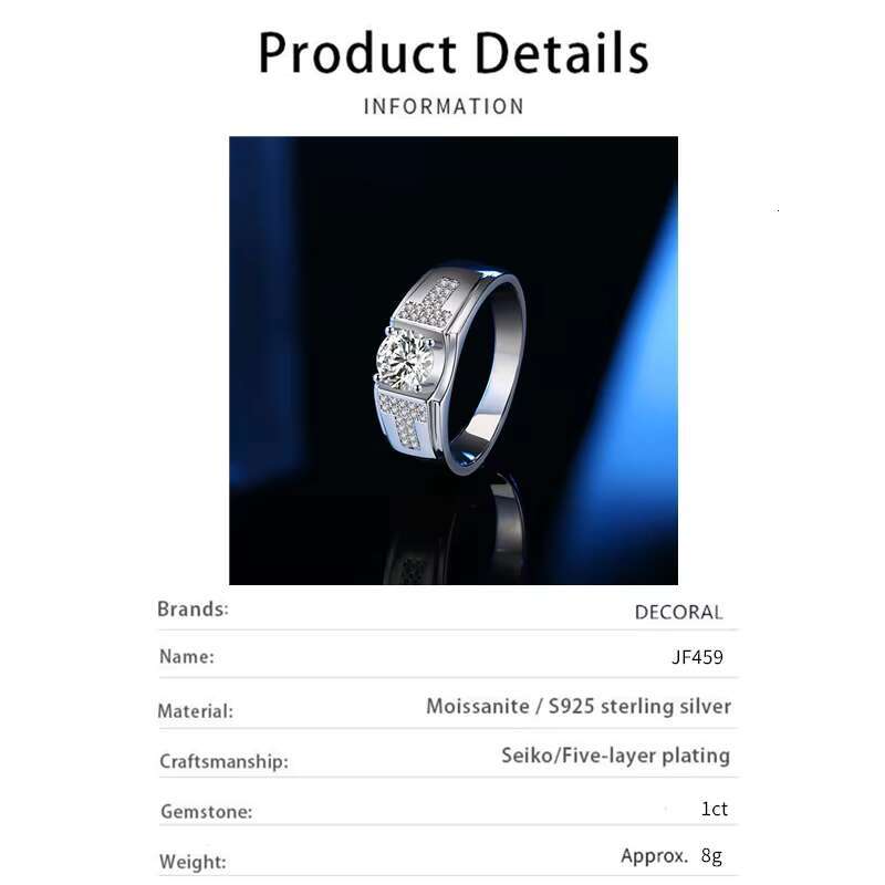 Classic Design D Color VVS1 18K White Gold Plated 925 Sterling Silver Waterproof 1Carat Sparkling Moissanite Ring for Men