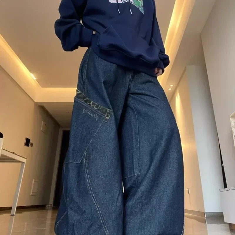 Deeptown Y2K vintage womens jeans large pocket curved knife leopard wide leg denim cargo pants Harajuku bagged autumn mens clothing 250410