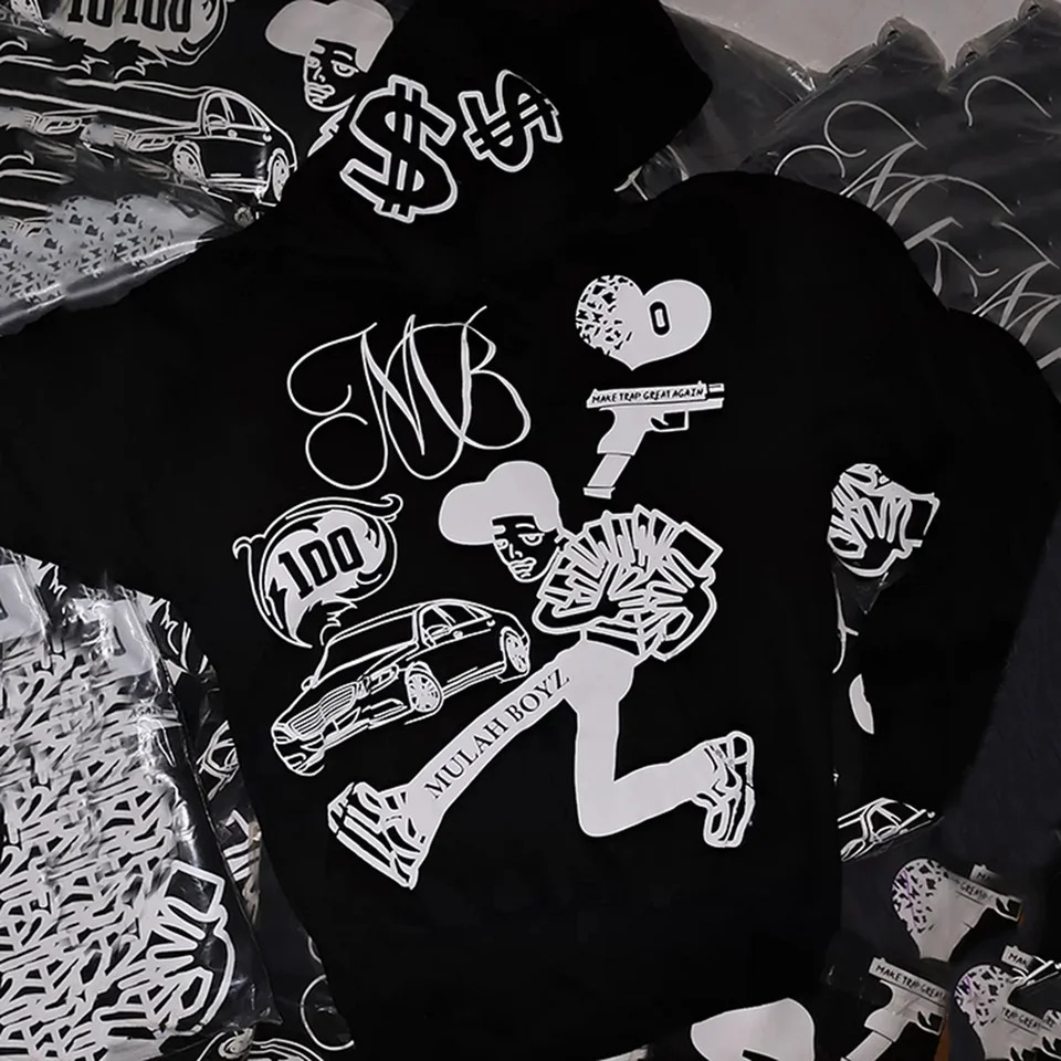 Street Clothing Y2K Mens Sportswear Cartoon Pattern Printing Super Large Hoodie Harajuku Gothic Black Pulled Hoodie 250411