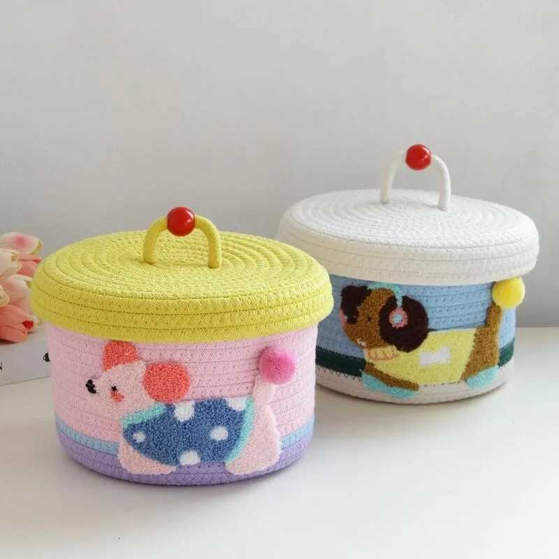 Cartoon Puppy Weaving Cotton Rope Storage Basket Hand Gift Box With Cover Round Snack Toy Organizer Box Y251112