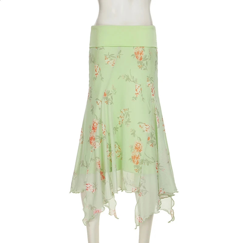 Darlingaga Holiday Style Floral Printing Asymmetric Hem Dresses Women Summer Colorful Fold Low Waist Mesh Sundress Bottoms 250407