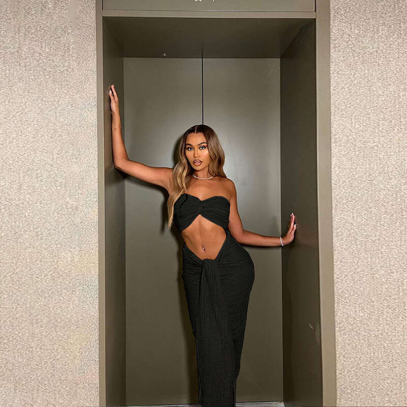 Women's Wear Women's Clothing Spring/Summer New Fashion Sexy Strapless Vest Solid Color Slim Fit Exposed Navel Lace Up Long Skirt Set