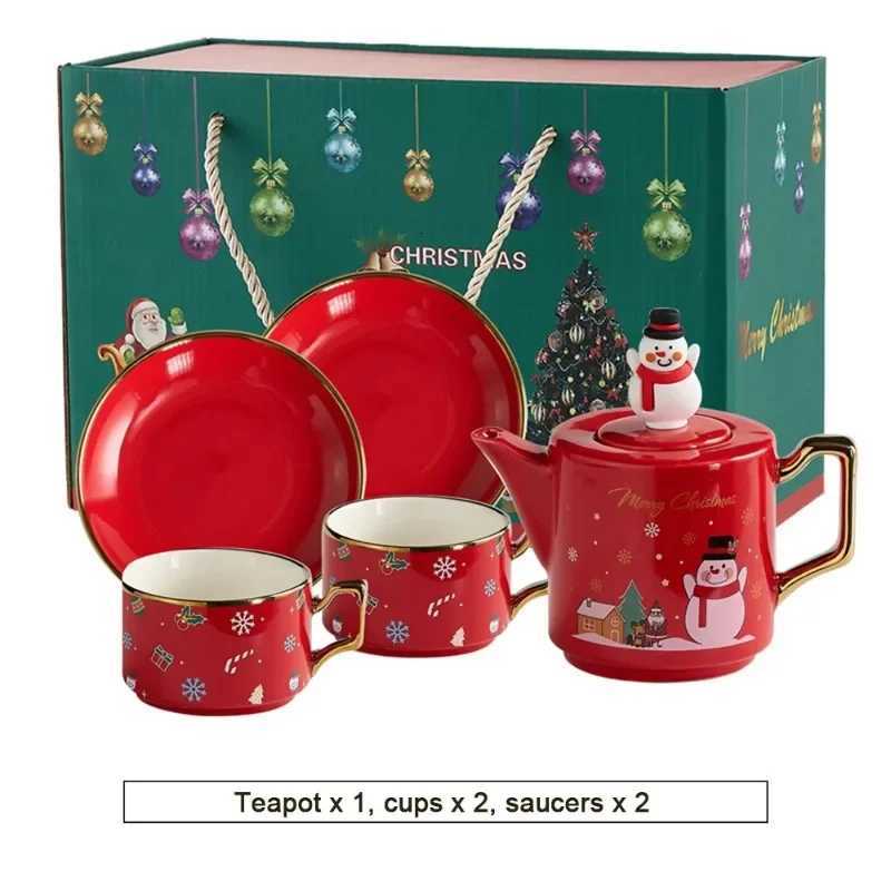 Christmas JUSTINLAU Christmas Coffee Cup Saucers Stackable Red Ceramics Teaware Sets Santa Claus Snowman Elk Teapot Teacup Xmas Gifts Y251112