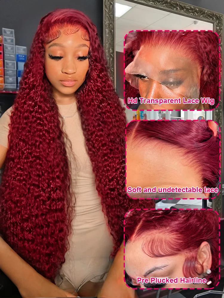 250 Density 13x4 Curly 99J Burgundy Lace Front Wig Red Wine Colored 30 40 Inch Deep Wave 13x6 HD Lace Frontal Human Hair Wigs 250409
