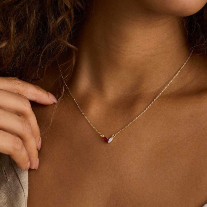 Custom Gold Plated Marquise Birthstone Necklace Simple Multi-Color Zircon Link Chain for Anniversary Birthday Mother's Day Gift