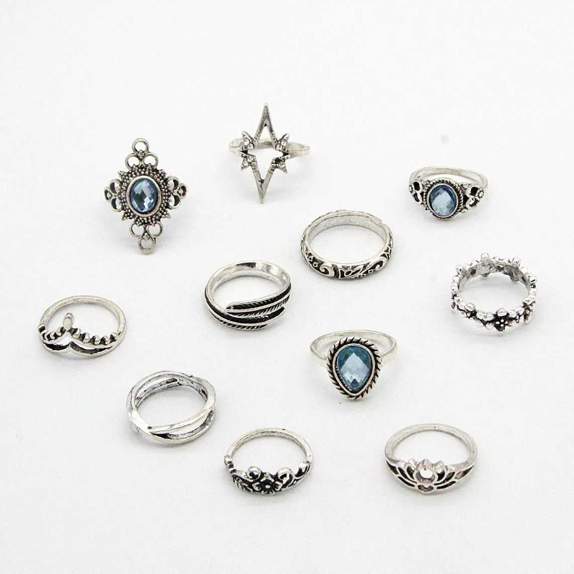 11 pieces/set Bohemian retro silver gothic aesthetic retro carved feather flower leaf butterfly ring setXJ250412