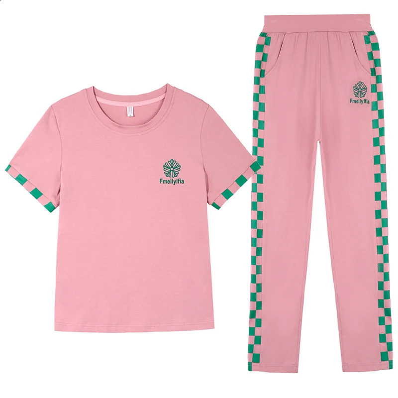 Summer Woman Trouser Sets Solid O Neck Short Sleeves T-Shirt Top Elastic Waist Pockets Female Loose Long Pant 250411
