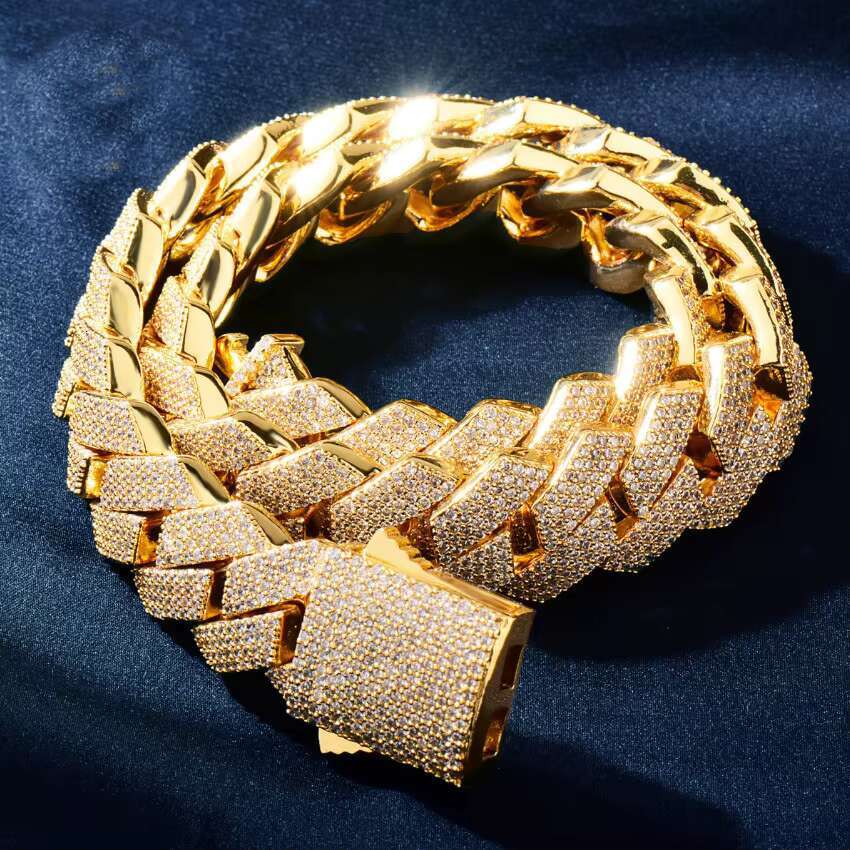 20mm dia bracelet necklace, golden copper ice pearl cubic zirconia Miami Cuban chain accessory