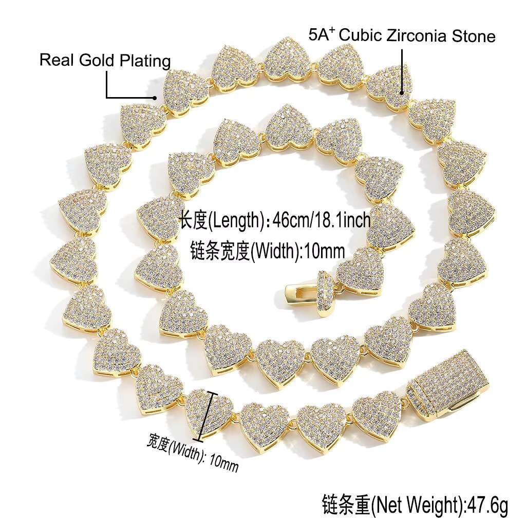 Hip Hop Jewelry High Quality 10mm 5A Moissanite Diamond Iced Out Buguette Heart Tennis Chain Womens Necklace