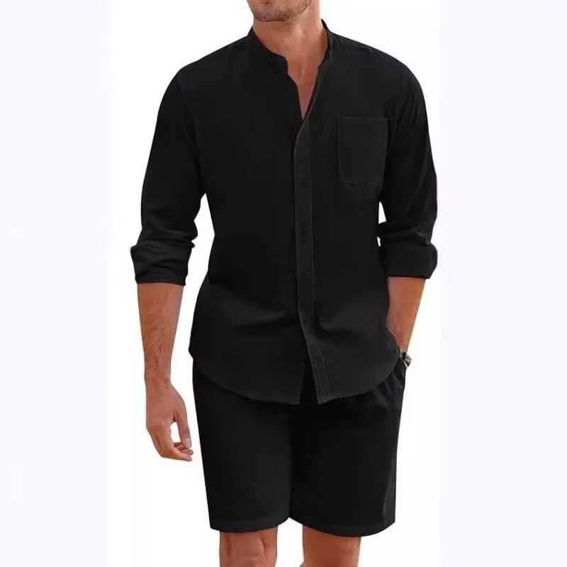 Mens two-piece cotton linen comfortable button up shirt long sleeved cardigan casual beach wearXJ250412