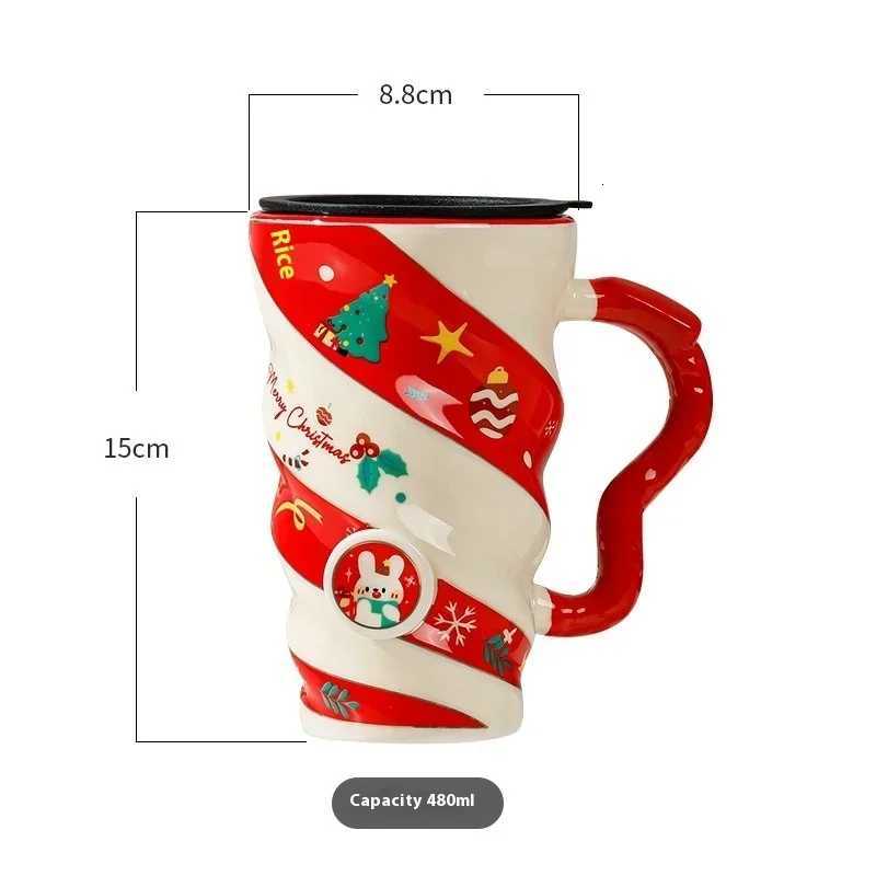 Christmas 2025 New Christmas ceramic cup threaded reindeer large capacity creative mug with lid gift box cup cross-border Christmas gift Y Y251112