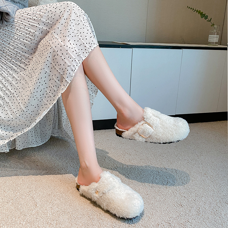 TEEMAZZI designer shoes genuine leather cork sole high quality casual shoes versatile velvet warm cotton slippers for woman black white