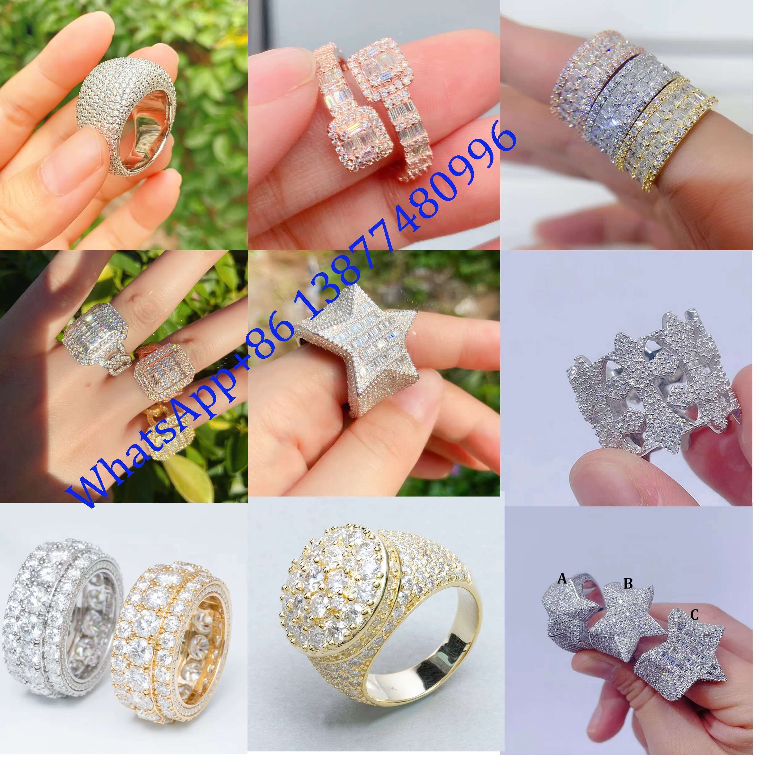 Hip Hop Fine Jewelry Ring Iced Out VVS Baguette Moissanite Diamond Silver or 10K 14K Real Gold Rings