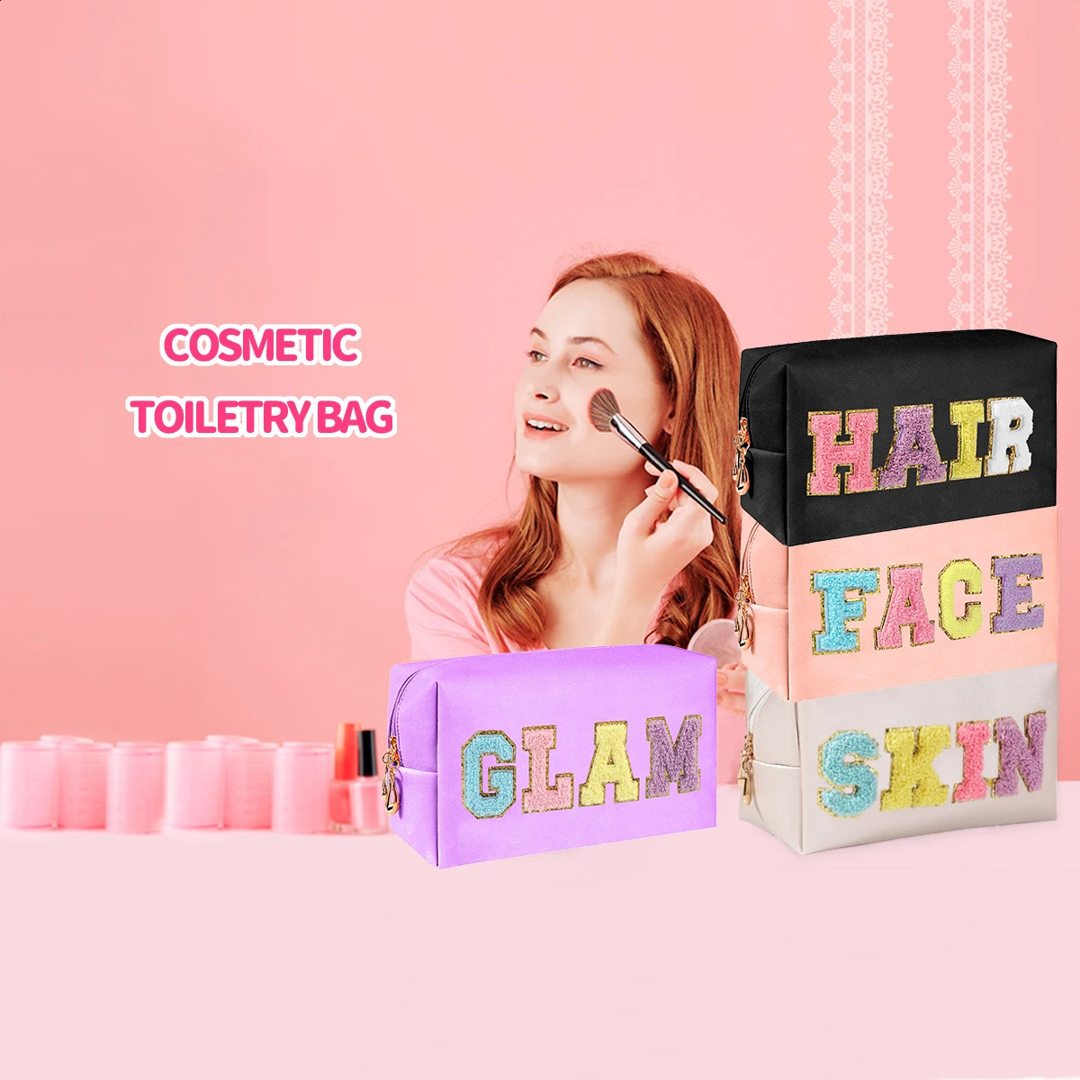 Chenille Letter Cosmetic Bag PU Leather Waterproof Pouch Cute Zipper Organizer Skin Hair Face and Glam.-zmt 250407
