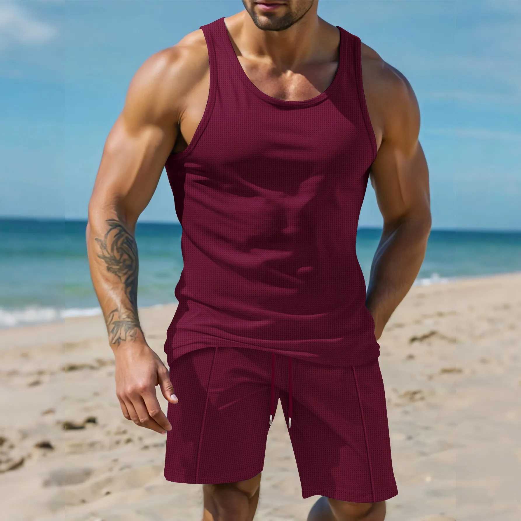2015 new mens sports and leisure solid color breathable waffle thin summer vest drawstring shorts two setsXJ250412