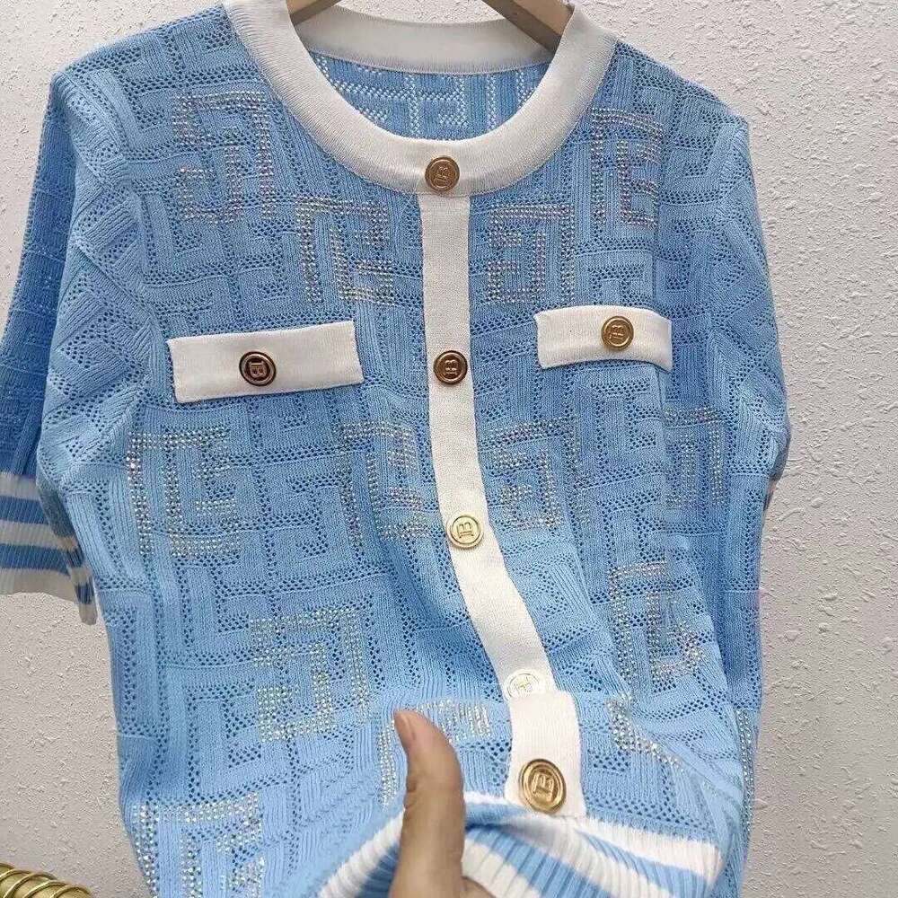 Ladies Fashion Diamonds Patchwork Short Sleeve Knitting T-Shirts Summer Temperament Geometric Thin O-Neck Pullover Top Tee Women