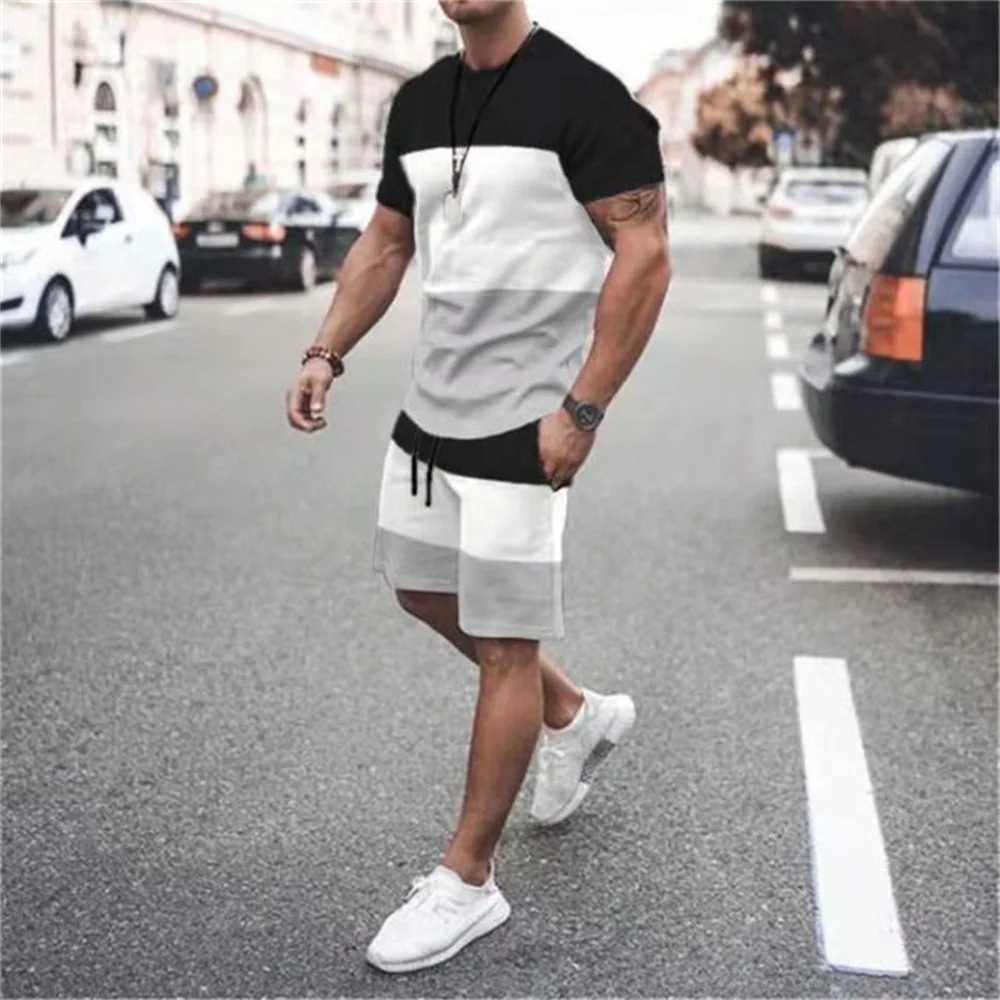 New mens sportswear T-shirt line 3D printing casual plus size track and field clothing mens summer clothing mens two-piece setXJ250412