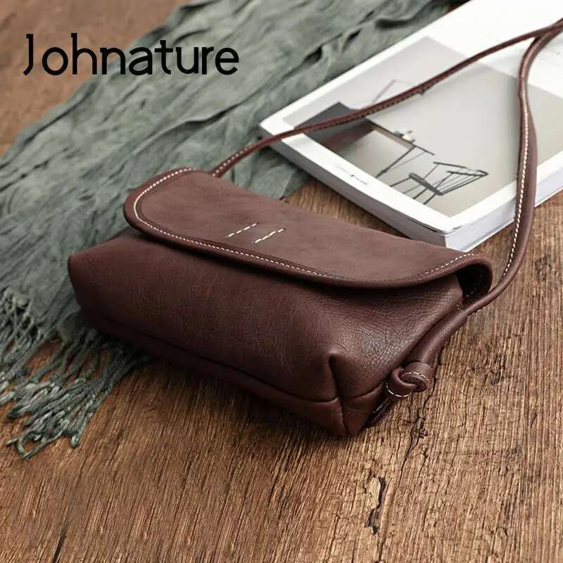 Johnature Handmade Retro Soft Cow Leather Women 2025 New Simple Solid Color Shoulder Bags Leisure Ladies Small Messenger Bag