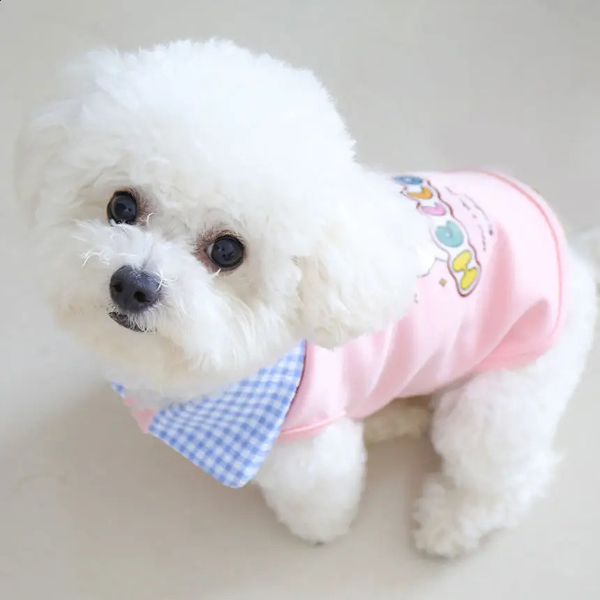 Spring and summer cute little dog cartoon print plaid collar cardigan princess style cat and dog clothes smaller than Xiong 250407