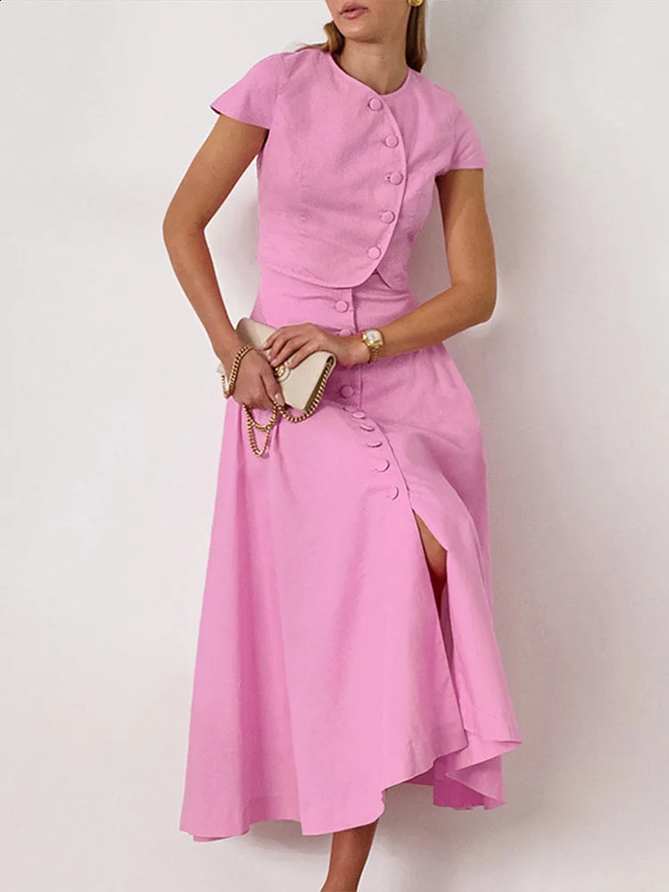 Women Vest Skirt Suit Solid O-neck Single Breasted Short Sleeve Short Top Button Wide Leg Skirts Female Summer Lady Beach Wears 250411