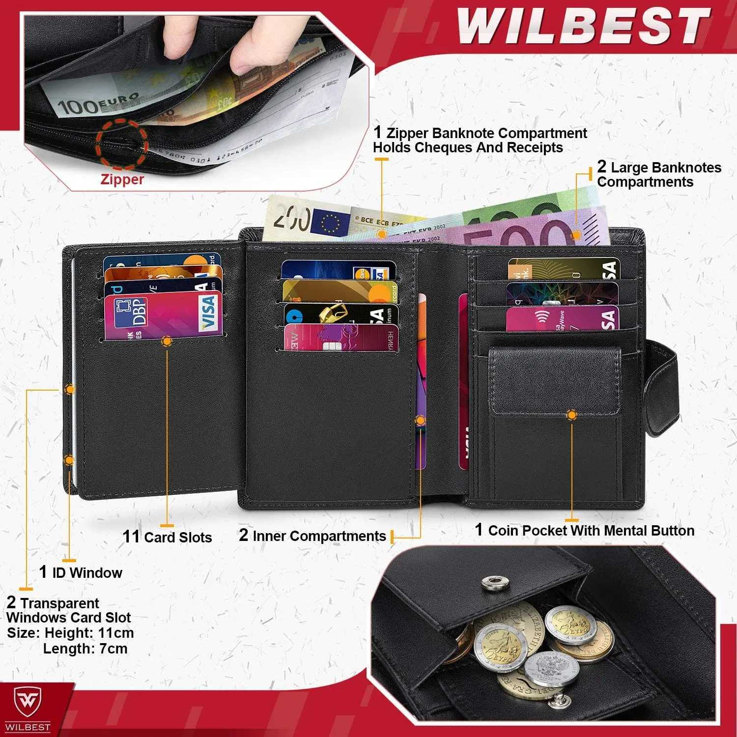 Mens leather wallet business wallet RFID card holder transparent Windows bank note coin company black Z250411