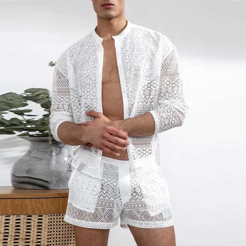 2024 European and American mens long sleeved lace cut casual shorts mens setXJ250412