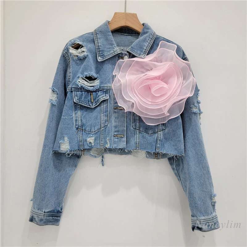 Three-Dimensional Wer Fashion Tie-Dyed Pink Ripped Cool Short Denim Coat Female Fashionable Street Jean Jacket Holes Coats