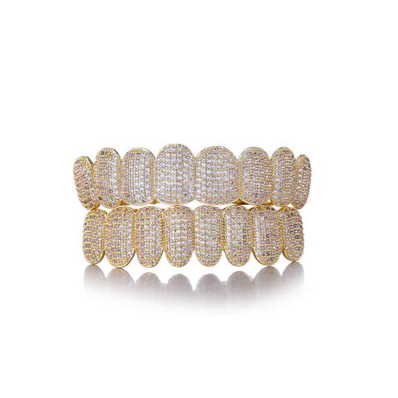 Hip Hop Full CZ Stones Teeth Grillz Hat Cube Zircon Ice Out Mini Paving Top and Bottom Charm Barbecue Set W250412