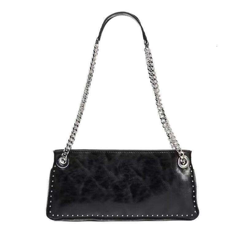 Women's 2025 Black Rivet Decoration Extended Zipper Multi Purpose New Bag