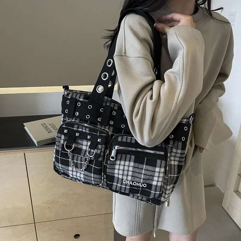 Canvas Plaid Fashion Shoulder Zipper CHAINS 2025 Hot Sale for Women Multiple Pockets Versatile Crossbody Bags