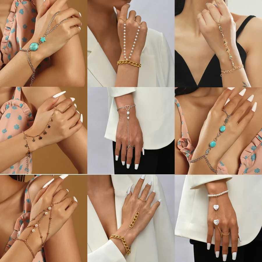 Vintage Butterfly Heart Moon Chain Bracelet Connected Finger Ring Bangle Bracelets for Women Linked Hand Harness Jewelry GiftsC250411