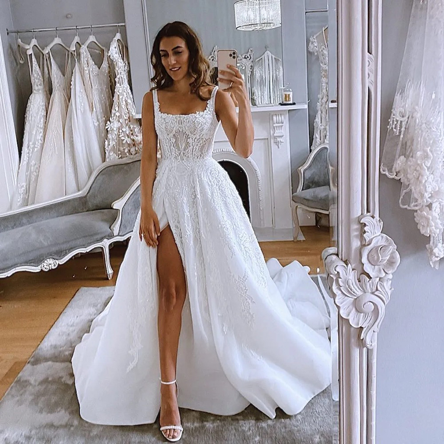 A Line Fashion Lace Wedding Dresses Square Neck Side Split Sequined Bridal Gowns Sweep Train Tulle Robe De Marie