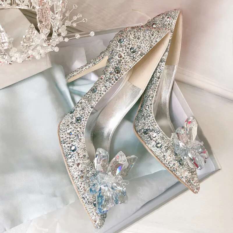 2025 Crystal Gold Dress Bridal Sier Pointed High Heels Stiletto Bridesmaid Shallow Mouth Wedding Shoes Women