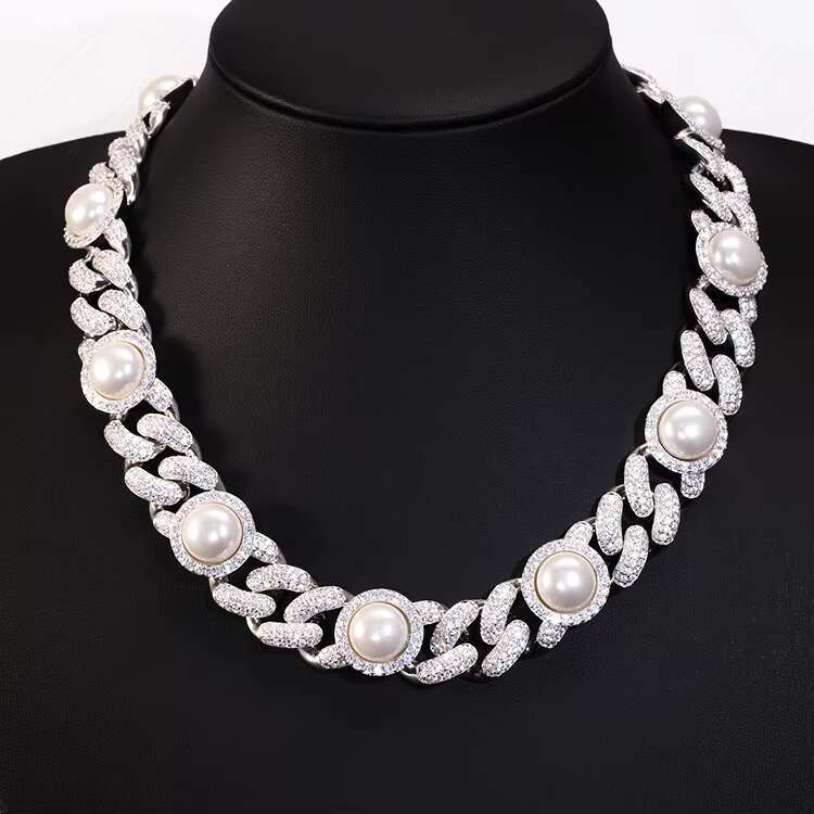 Unique Design Elegant Necklace 17mm Wide Freshwater Pearl Sterling Silver VVS Iced Out Moissanite Chain for Anniversary Gift
