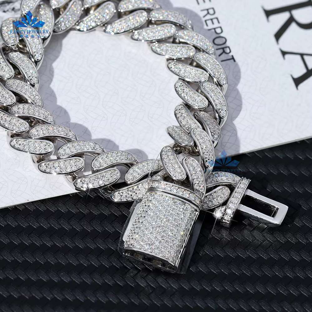 Miami Cuban Chain Iced Out Moissanite Bracelet Hip Hop Jewelry 925 Silver for Men Gift Box Womens Charm Bracelets Cuban Link